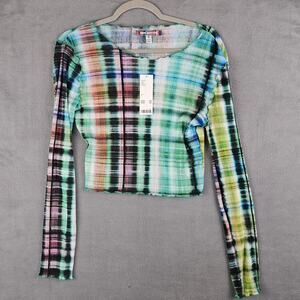 Urban Outfitters Plaid Sheer Mesh Top Long Sleeve Size Small
